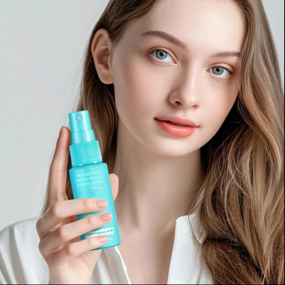 Woman holding a blue skincare spray bottle against a neutral background
