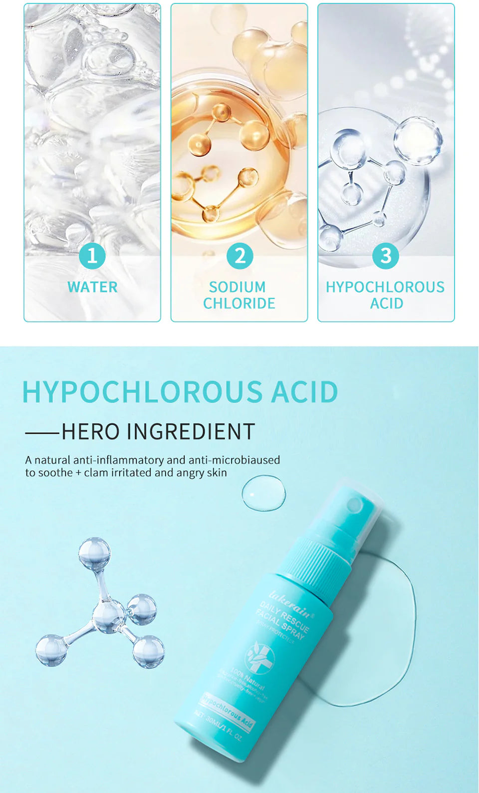 Skincare product with hypochlorous acid as a hero ingredient, shown in a promotional graphic.