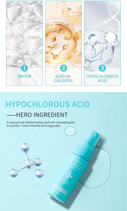 Skincare product with hypochlorous acid as a hero ingredient, shown in a promotional graphic.